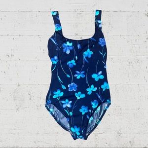 Lands’ End Blue Floral One Piece Scoop Neck Tank Size 10 Long